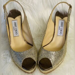 Jimmy Choo Nova Champagne Glitter Peep-Toe Slingback Heels. Authentic.